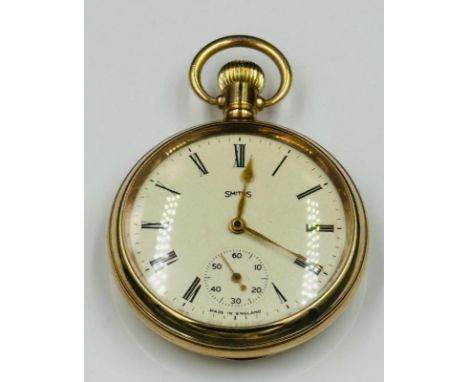A Gentleman's rolled gold Smith's open-faced pocket watch with a white dial and roman numerals and a jewelled lever movement.
