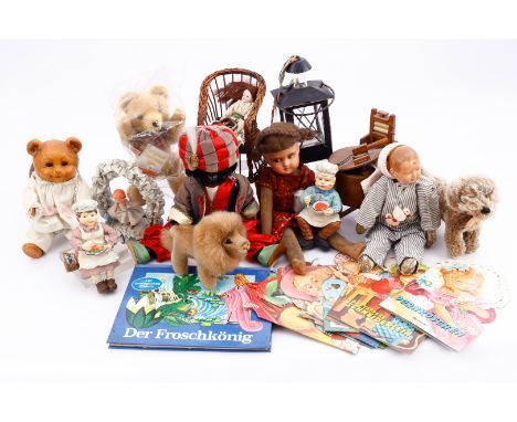 Großes Spielzeugkonv., versch. Puppen, Steiff Tiere, Dekoration, Bücher, Waschmaschine etc., teils neuer