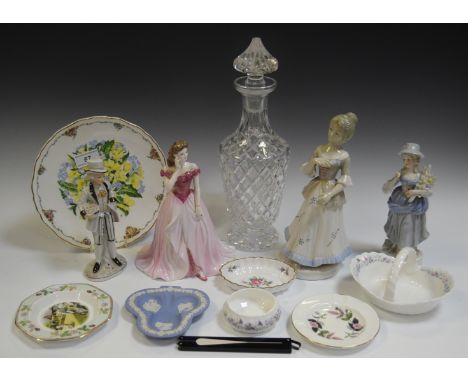 A Coalport figure of the year, Sarah 1993, other German figures, a cut glass decanter;Wedgwood decorative trinket dishes; etc