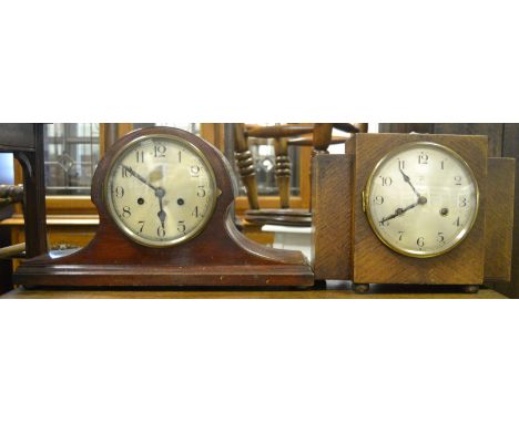 A mahogany Napoleon hat mantel clock, double winding holes, striking on a bell; an oak Art Deco mantel clock (2)