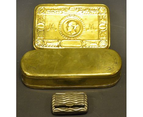 An 18th century Dutch tobacco box; WWI brass Christmas tin; snuff box (3)