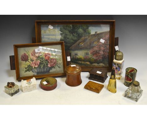 Household Goods - a horn travelling ink bottle; a sugar sifter c.1930s; Crested Ware; an elm snuff box; tins; a pair of WWII 