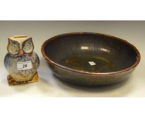 An Art pottery stoneware bowl, drip glazed c 1970; a stoneware Owl money box