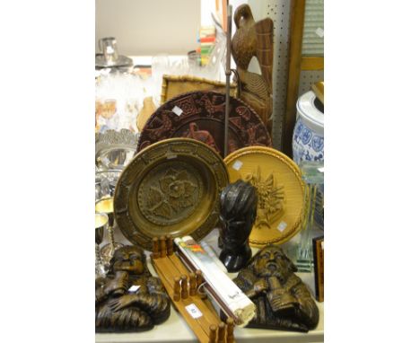 Boxes and Objects - a Tribal Art mask; a tribal hardwood bust; riding crop; grey granite pestle; Elizabethan style carvings; 