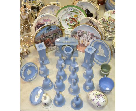 A Wedgwood blue jasper ware garniture, comprising mantel clock and a pair of fluted candlesticks; conforming bells (12); othe