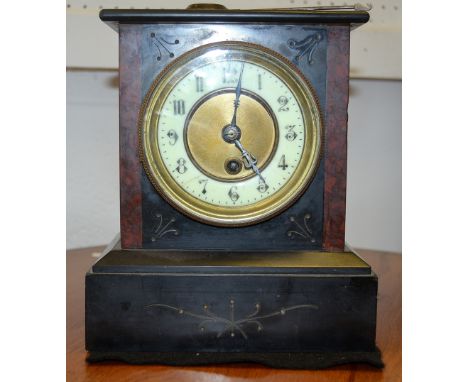 A Victorian 'Belge Noire' mantel clock, inlaid black slate, enamel chapter ring, Arabic numerals, plinth base c.1880