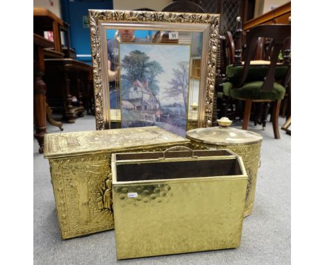 Collection of brass ware items including fire screen, coal box, paper rack etc  (4)