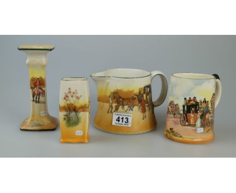 A collection of Royal Doulton Coaching Scenes series ware including Candlestick, Vase, Tankard D6393 and Jug D2716(4)