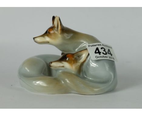 Royal Doulton pair curled foxes HN117 in light blue and natural colours  (crack to reverse & ear chipped)