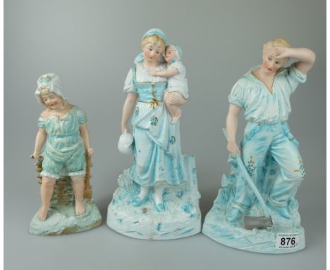 3 Bisque continental figure groups showing workman with axe, mother and child and baby in swimming costume (3)