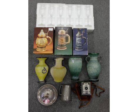 A collection of various items to include large frosted art glass vases, set crystal glass champagne flutes ( boxed) and 3 lar