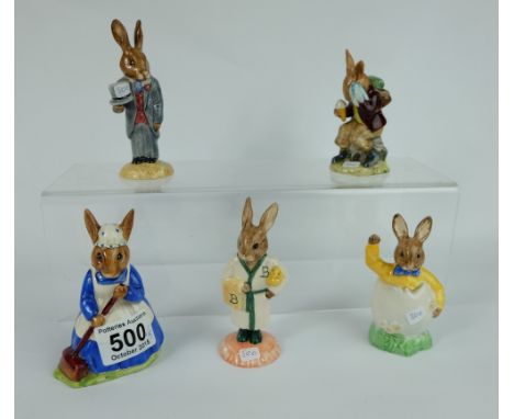Royal Doulton Bunnykins figures to include Easter Greetings DB149, Cooling Off DB3 (boxed), Groom DB102 (boxed), Clean Sweep 