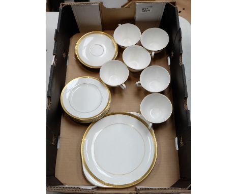 A collection of pottery to include Royal Doulton Royal Gold part tea set to include side plates, cups, saucers, serving plate