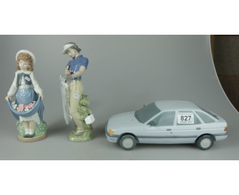 A collection of figures to include Lladro Ford Escort 1990 (wing mirrors reattached), Nao The School Girl (boxed) and Nao Out