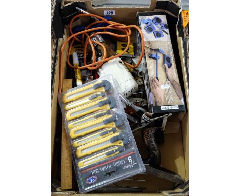A collection of vintage hand tools including Stanley knifes, staplers, screw drivers etc 