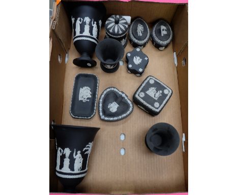 A collection of Wedgwood Black Jasperware to include vases, trinket boxes, pin trays etc (11)
