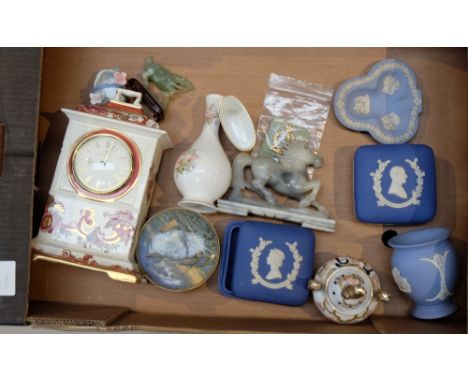 A collection of pottery items to include Masons Red Mandalay clock, soap stone figures of horses, Wegwood Jasperware items, 1