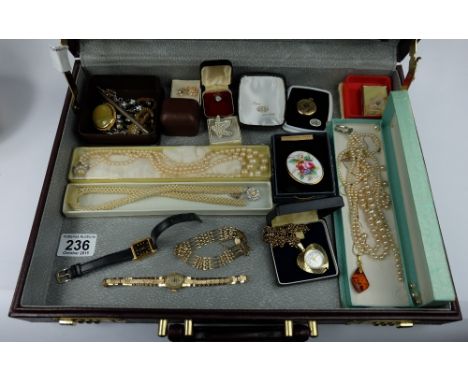 A collection of costume jewellery including seed pearls , ladies sekonda & limit wrist watches , Royal Worcester brooch, eari