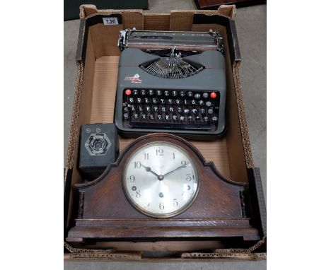 Oak Charles Groves Shrewsbury mantle clock, mechanical empire typewriter and brownie camera (3) 