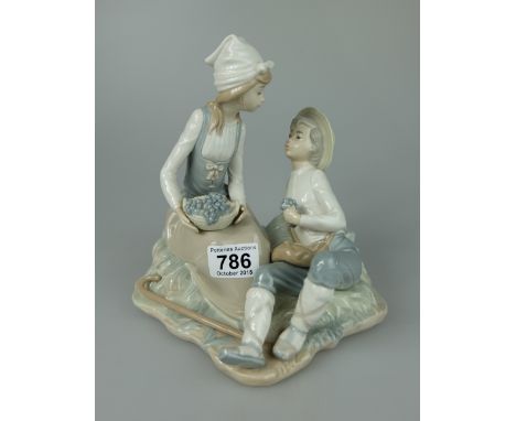 Nao figure of Large group of a farm girl and boy seated and talking height 22cm