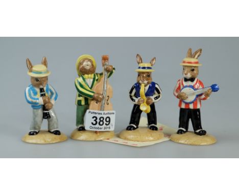 Royal Doulton Bunnykins figures Banjo Players DB182, Double bass player DB185, Clarinet Player DB184 and Saxophone Player fro