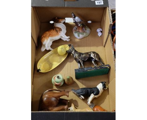 A collection of pottery animals including metalware dog on plinth and Carltonware condiments set 