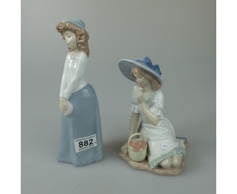 Nao figures of Girl in Hat holding handbag and Seated lady picking flowers (2)