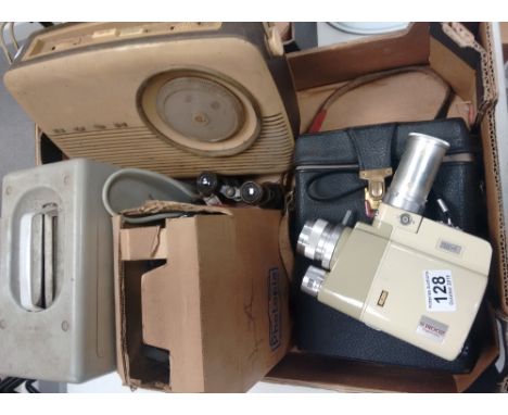 A collection of vintage items to include Minolta Cini camera, projector, binoculars and Bush radio etc