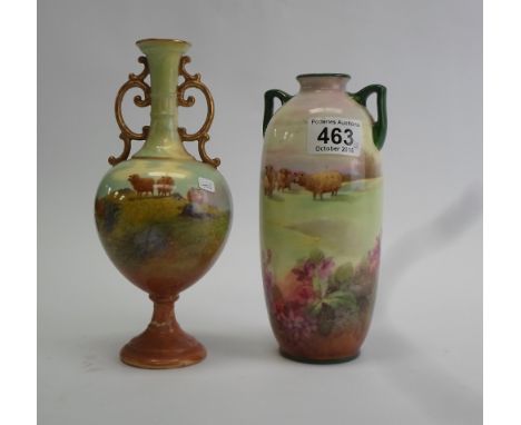 Royal Doulton Two Handled vase decorated with Cattle and similar item decorated with sheep(damaged) (2)