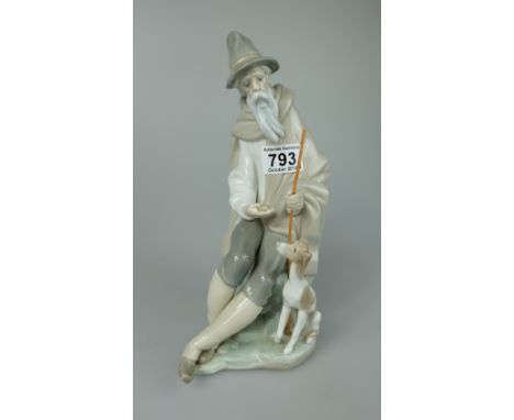 Lladro figure of a Old man sitting with dog at his side height 27cm (missing stick) 
