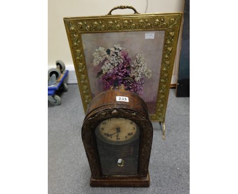 19th century mantle clock with embossed gesso dragon decoration and brass framed fire screen  (2)