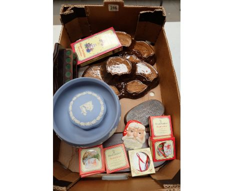 A collection of pottery to include Wedgwood jasperware footed bowl, Beswick Tree trunk display stands, Royal Doulton Bunnykin