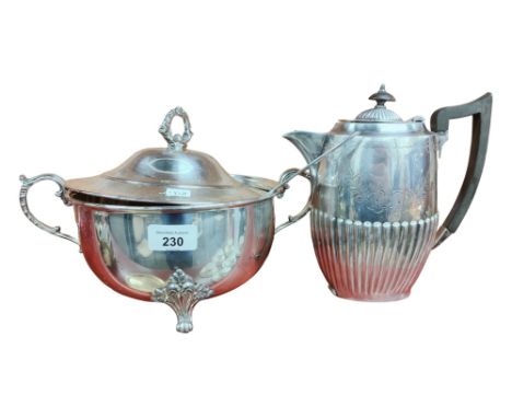 SILVER PLATED SOUP TUREEN, LID AND LADLE AND TEAPOT 