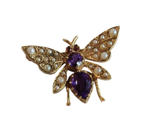 9 CARAT GOLD AMETHYST, RUBY AND SEED PEARL BUTTERFLY BROOCH 