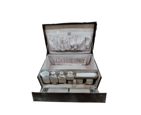 ANTIQUE FRENCH GENTLEMANS TRAVELING CASE WITH SILVER TOPPED BOTTLES