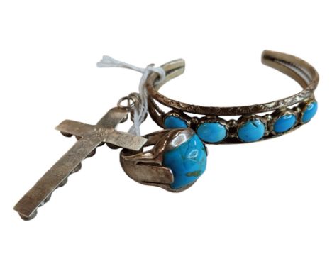 SILVER &amp; TURQUOISE BANGLE, RING &amp; CROSS 