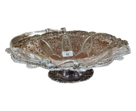 ANTIQUE GEORGIAN SILVER PLATED CAKE/BREAD BASKET, SWING HANDLY, PIERCED WITH ARMORIAL CREST 