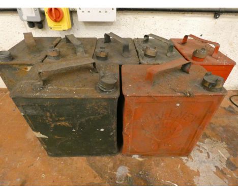 Seven two gallon petrol cans, including Shell Aviation, 2 x Shell Mex BP, 2 x Esso and Shell. 