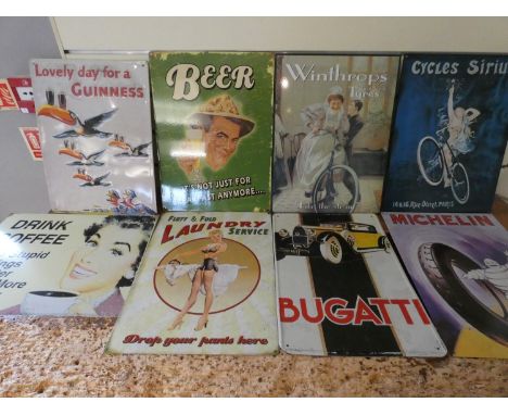 Eight tin advertising signs, including Bugatti. 