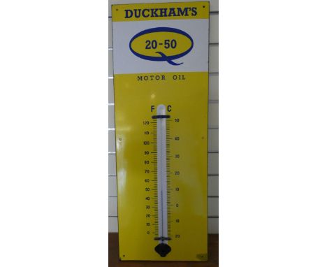 A vitreous enamel Duckhams Motor Oil thermometer, 91 x 33 cm. 