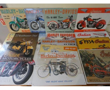 Seventeen tin advertising signs for Harley - Davidson and Indian. 