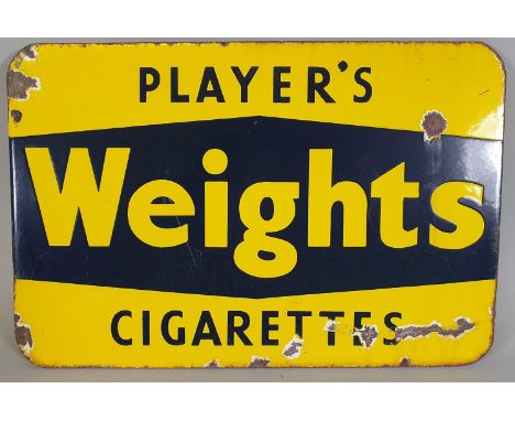 A double sided, wall mounted, vitreous enamel advertising sign, Players Weights Cigarettes, 28 x 42 cm. 