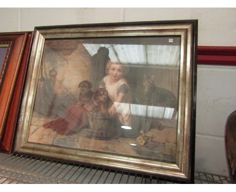 "Which do you like?", a framed lithograph after George Holmes (1822-1911) of a child with two puppies on an upturned tub, 39c