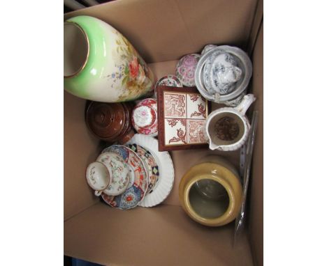 Four boxes of mixed 19th Century and later ceramics including Mason's, Wedgwood tile, glassware, floral vase, etc