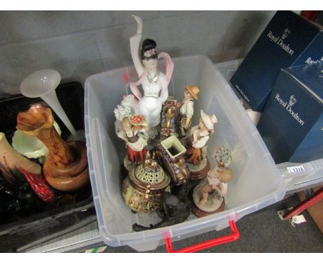 A box of miscellaneous figures, Chinese export vases, bronze effect figure, etc