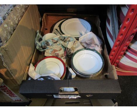 A box containing Noritake 'Legendary' design table wares and a box of Fine Dining Company white ground and gilt table wares