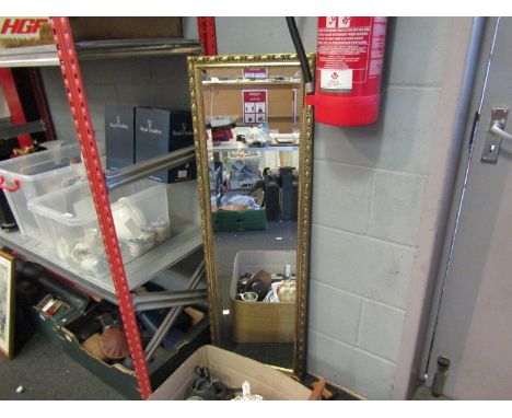 A modern gilt slim wall mirror, 124cm x 39cm overall