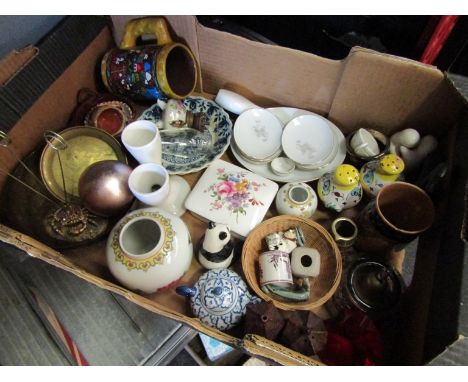 A box of ceramics and metalware including Crown Derby trinket box