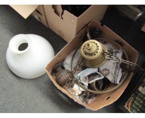 A Victorian ceiling oil lamp with rise and fall mechanism, opaque white shade  