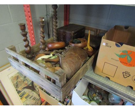 Assorted items including barley-twist candlesticks, lamp base, carved figure and a box of sewing related items, etc